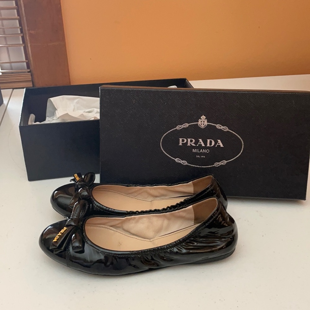 Prada Black Patent Cinched Bow Ballerina Flats